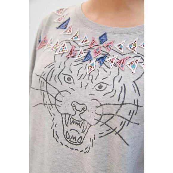Luna Mercantile Co Anthropologie Gray Graphic Tiger Embellished Crew Sweatshirt - Picture 3 of 14